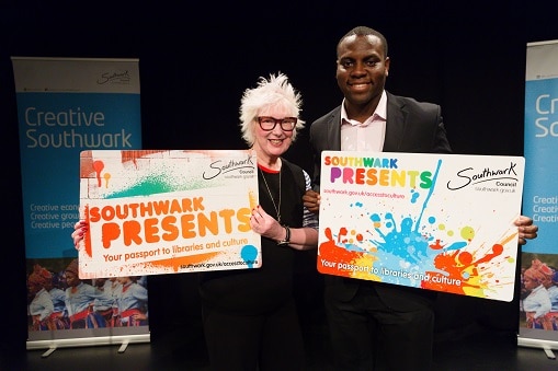 Jenny Éclair  and Councillor Johnson Situ launch the Southwark Presents Card at Canada Water Library. Photo credit : Vickie Flores