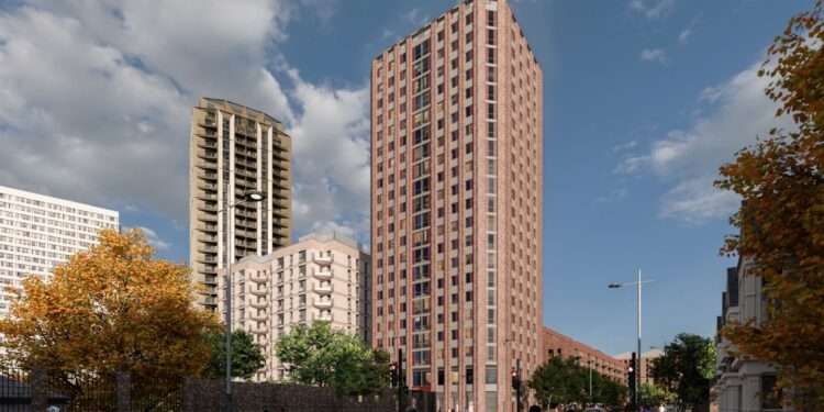 CGI of planned Deptford Landings development with approve student tower block (centre right). From Lewisham Council planning documents