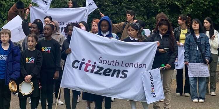 Kids from a Walworth primary gather outside Parliament for the demonstration.