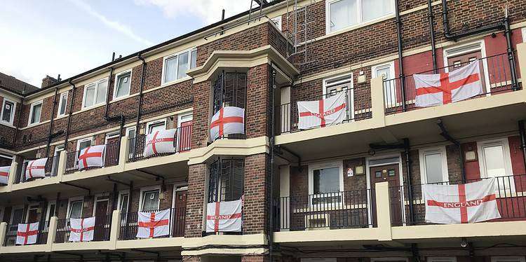 The Kirby Estate covered in England flags ahead of the Women's World Cup