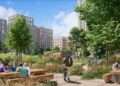 CGI of planned park at Canada Water with flats surrounding it. From Southwark Council planning documents