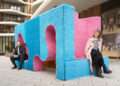 Nicole Gordon CEO of Better Bankside and Juraj Marko MD of JTRE next to the 'playable' sculpture.