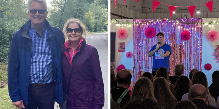 John Greengrass and his wife Susan (left) and the the Bermondsey comedy night (right)