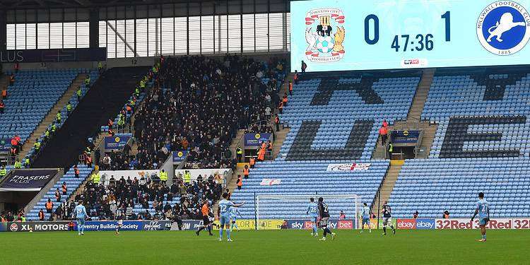 Travelling fans watched their side unravel in the second half at Coventry yesterday. Image: Millwall FC