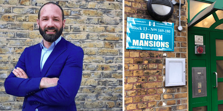 Council Leader Kieron Williams (left) and the Devon Mansions Estate (right)