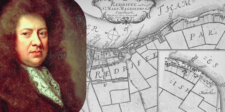 Samuel Pepys against an 18th-century map of Redriffe (Rotherhithe) which he often visited for work