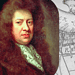 Samuel Pepys against an 18th-century map of Redriffe (Rotherhithe) which he often visited for work