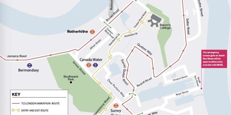 London Marathon road closures - Rotherhithe.