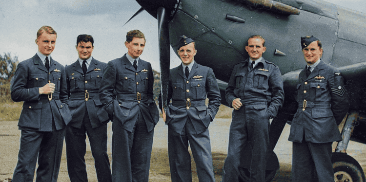 Pilots of D Flight 1 PRU relax in the summer of 1941. L to R Michael ‘Babe’ Suckling (killed July 41), unknown, Greenhill (became a Prisoner of War), Watts, Jimmy Swift (killed September 1941), Sgt Perrot - Peter Arnold collection colourised by RJM