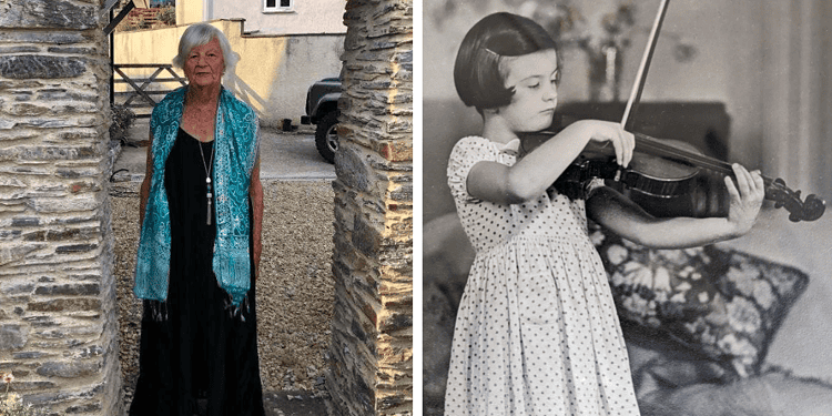 Sally Brooke-Pike in her later years and as a girl playing violin