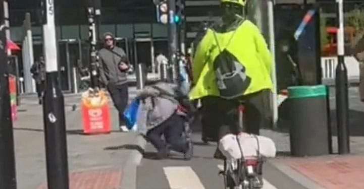 A video posted online by the National Federation of the Blind UK on May 5 2024 showed a cyclist colliding with a pedestrian outside St Thomas' Hospital.