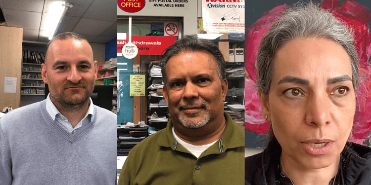 Left to right: Pharmacist Andrei Ciobanu, Postmaster Bimal and laundresse Nasrin Jahanshiri fear their businesses are at risk