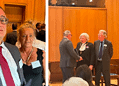 Roy sporting his medal (left) and him receiving the award from Black Rod Sarah Clarke (right)