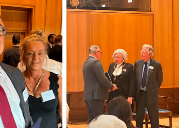 Roy sporting his medal (left) and him receiving the award from Black Rod Sarah Clarke (right)