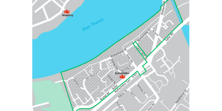 The proposed boundaries of a new Rotherhithe Village CPZ. Image: Southwark Council Consultation Documents