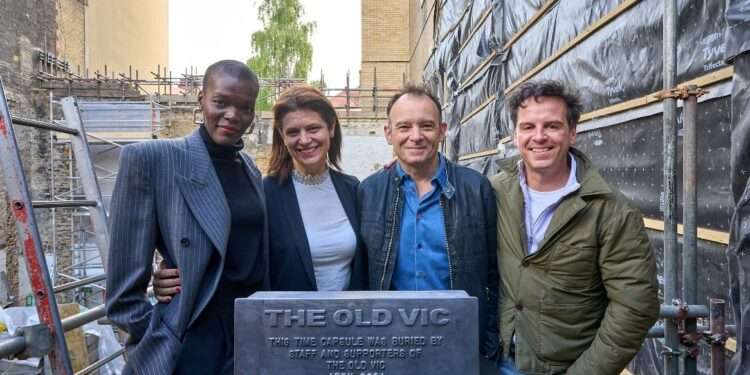 L-R: Sheila Atim, Laura Stevenson, Matthew Warchus and Andrew Scott with the time capsule at the site of the Backstage building.