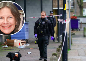 A police sniffer dog works at the scene outside Spenlow House in Jamaica Road, Bermondsey. Susan Hunter (inset)