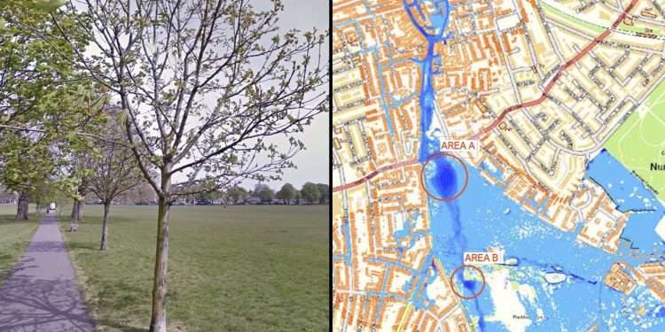 L: Peckham Rye Park R: Simulated Surface Water Flooding Event for Peckham, 1 in 100 years