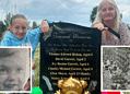 Pamela and her grandaughter at the grave of Thomas Bishop and the five other children killed in 1942. Credit: Pamela Bishop