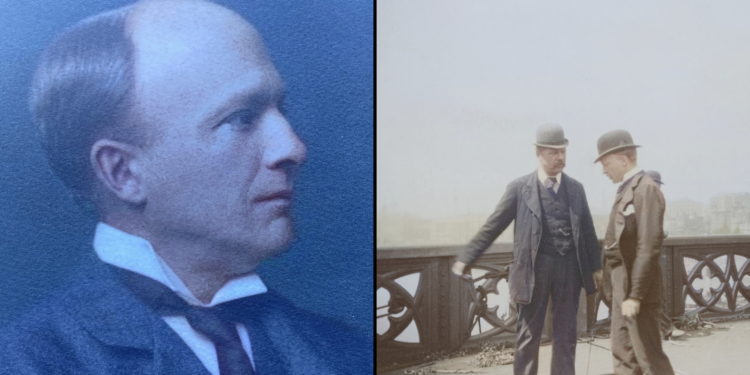 L: Edward Cruttwell in the 1890s. R: Cruttwell on Tower Bridge overseeing the works (right)