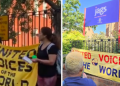 United Voices of the World union members raising banners outside JAGS ahead of their industrial action. Credit: UVW